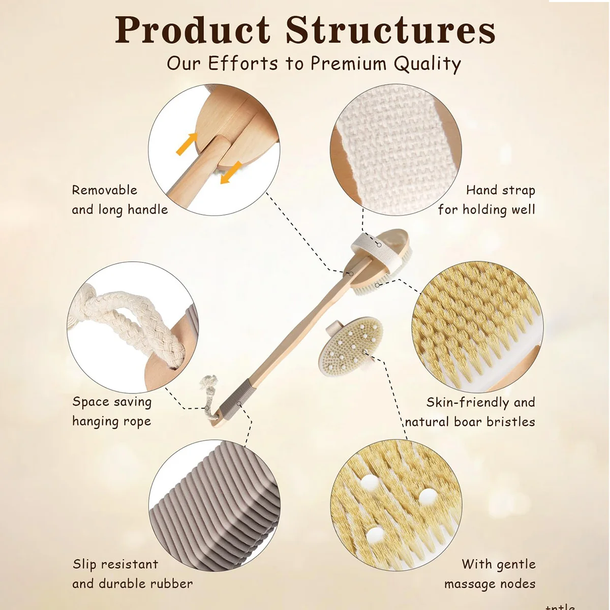 فرشاة الجسم بالفرشاة الجافة - مجموعة فرش جافة ذات شعيرات طبيعية مع فرشاة خشبية طويلة المقبض للتصريف اللمفاوي والتقشير #5