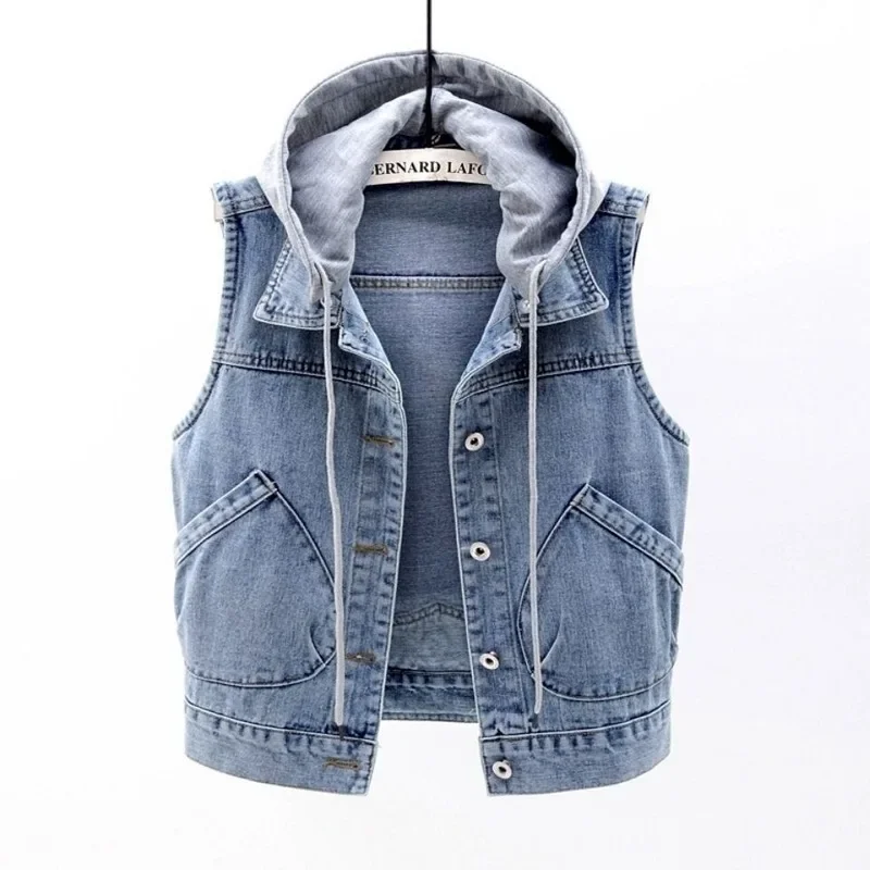 

Sleeveless Jeans Jacket Women Korean Fashion Hooded Vests Jean Short Waistcoat Large Size Cotton Zipper Denim Vest Female