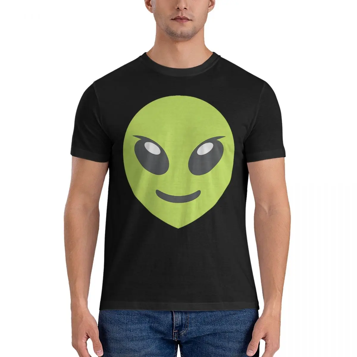 Extraterrestrial Green Emoji T Shirts for Men Pure Cotton Novelty T-Shirt Crew Neck Alien T Shirt Short Sleeve Clothing Printed