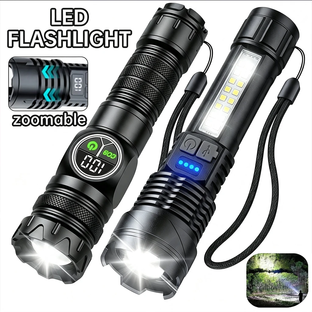 Super Bright LED Flashlight Zoomable COB Side Light USB Rechargeable Tactical Torch with Power Display for Outdoor Camping Emergency