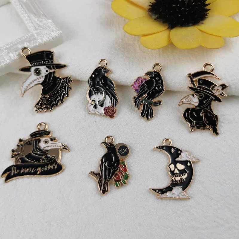 10pcs Sharp-billed Crow Enamel Charms Oil Drop Zinc Alloy Black Series Floating Pendant Fashion Jewelry Accessories Dropshipping