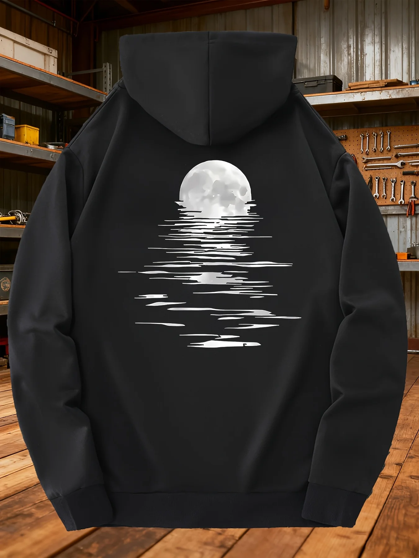 2026 Autumn/Winter Men's Moon Reflection Print Trendy Street Style Loose Long-Sleeved Hooded Sweatshirt