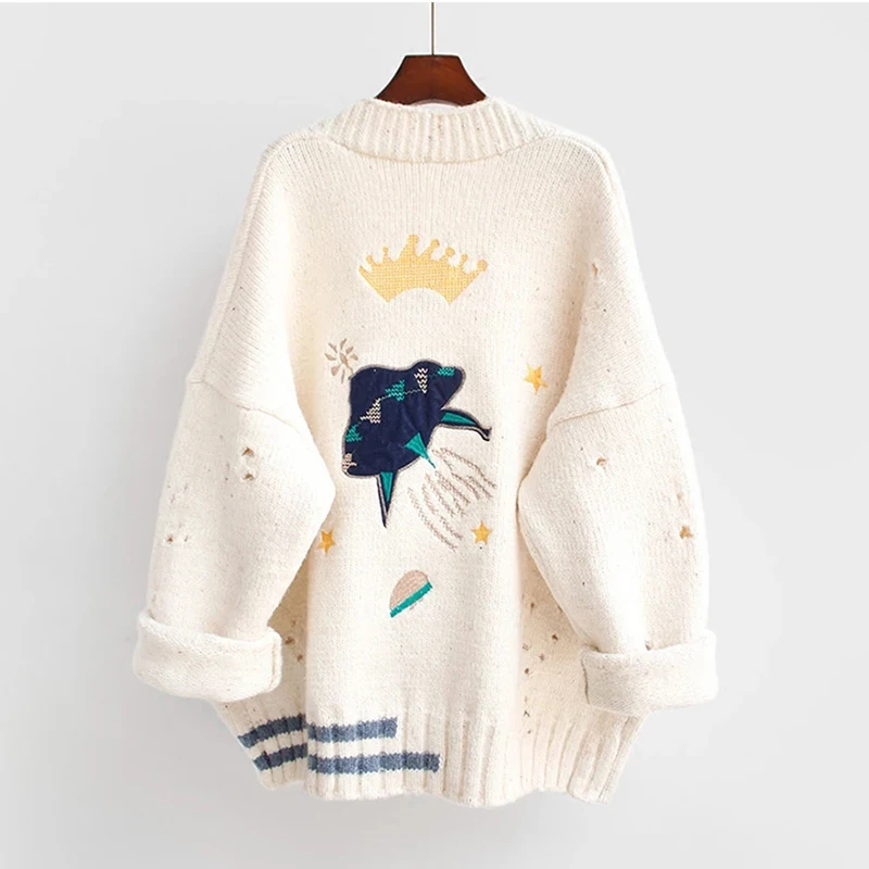 Knitted Cardigan Women Sweater 2023 Female Autumn Winter Loose Embroidery Oversized Warm Korean Jacket Cartoon Clothing