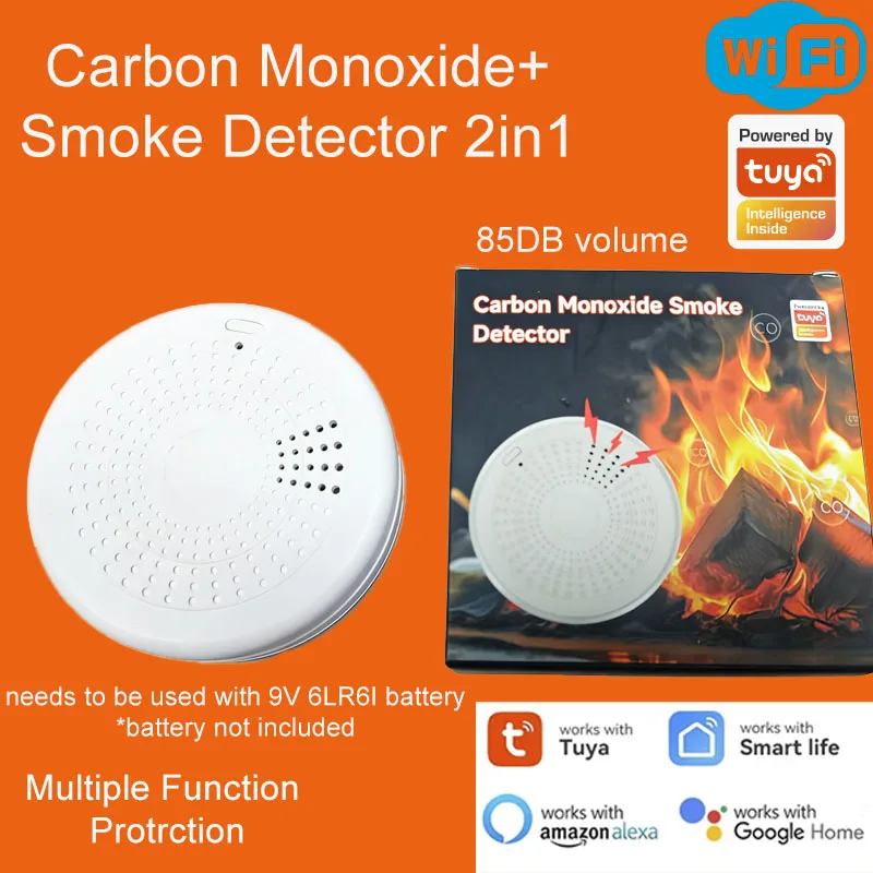 2 in 1 Smart WiFi Carbon Monoxide Smoke Alarm Detector with Sound Alert High Precision Fire Safety Sensor Easy Installation for