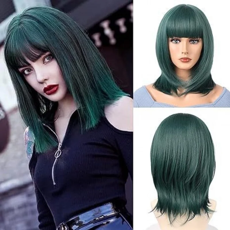 

European and American women's dark green , high-temperature fiber wig with bangs, bob cut, T-shaped synthetic hairpiece