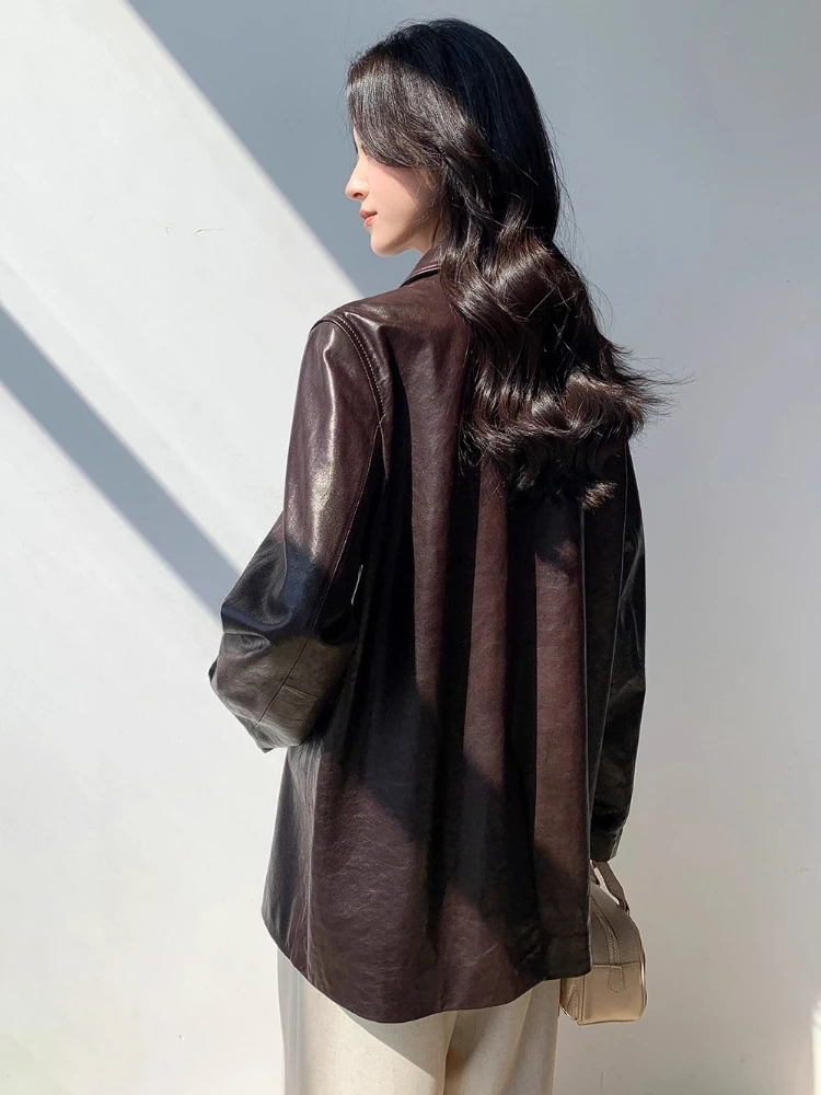 Vintage Genuine Leather Blazer Jackets for Women Spring Autumn 2025 New High-end Simple Loose Soft Oil Wax Real Sheepskin Coat