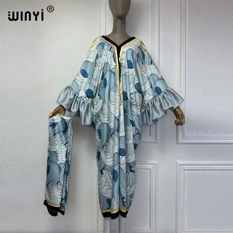 Winyi 2024 Kleider für Frauen Mode Kaftan Twill V-Ausschnitt mit Schal Maxi lange Femme Vestidos Sommer Herbst Party Abaya Dubai