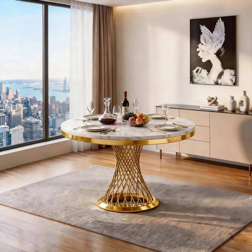 

47 Round Faux Marble Dining Table for 4 to 6, Luxury Modern White Kitchen Table with Gold Stainless Steel Spiral Base Frame, ea
