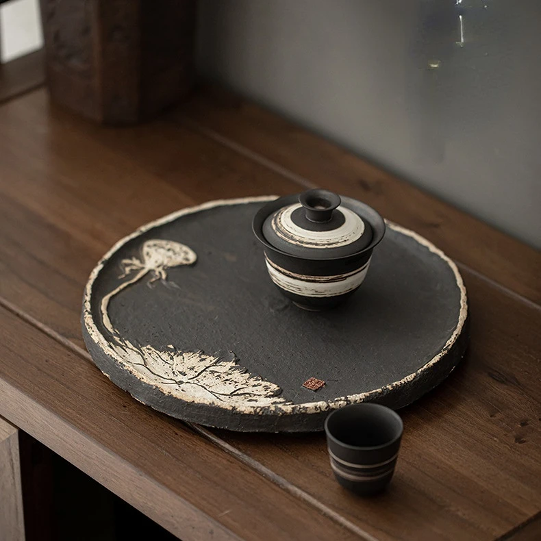 Retro Coarse Pottery Round Tea Tray Wabi-sabi Style Pot Bearing Plate Large Hand-embossed Lotus Dry Bubble Plate Kung Fu Tea Set