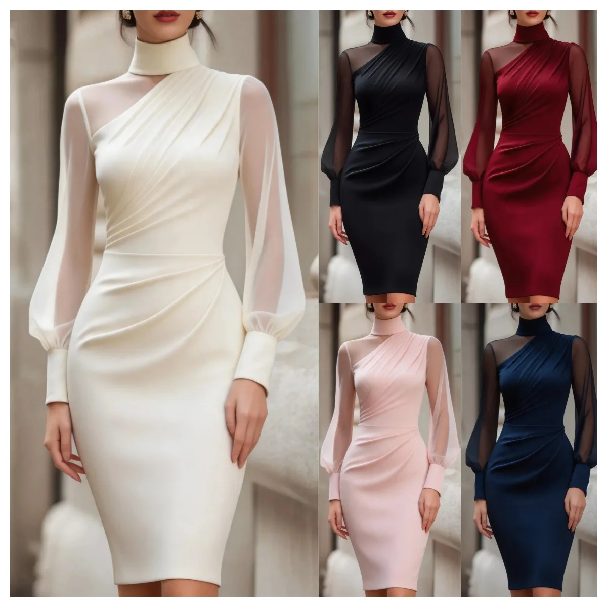 Autumn New Fashionable Mesh Lantern Sleeve Sleeve Bodycon Midi Dress Elegant Sheer Panel Cocktail Party Formal Evening Wear