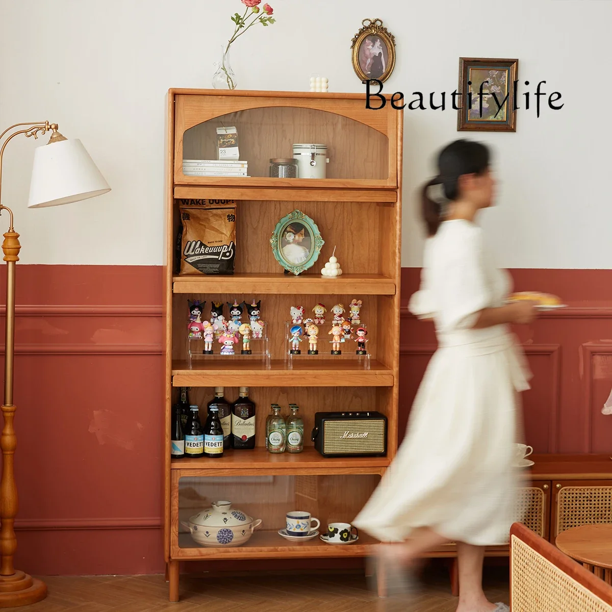 

cherry wood modern simple glass display cabinet Solid wood bookcase household small apartment retro side cabinet