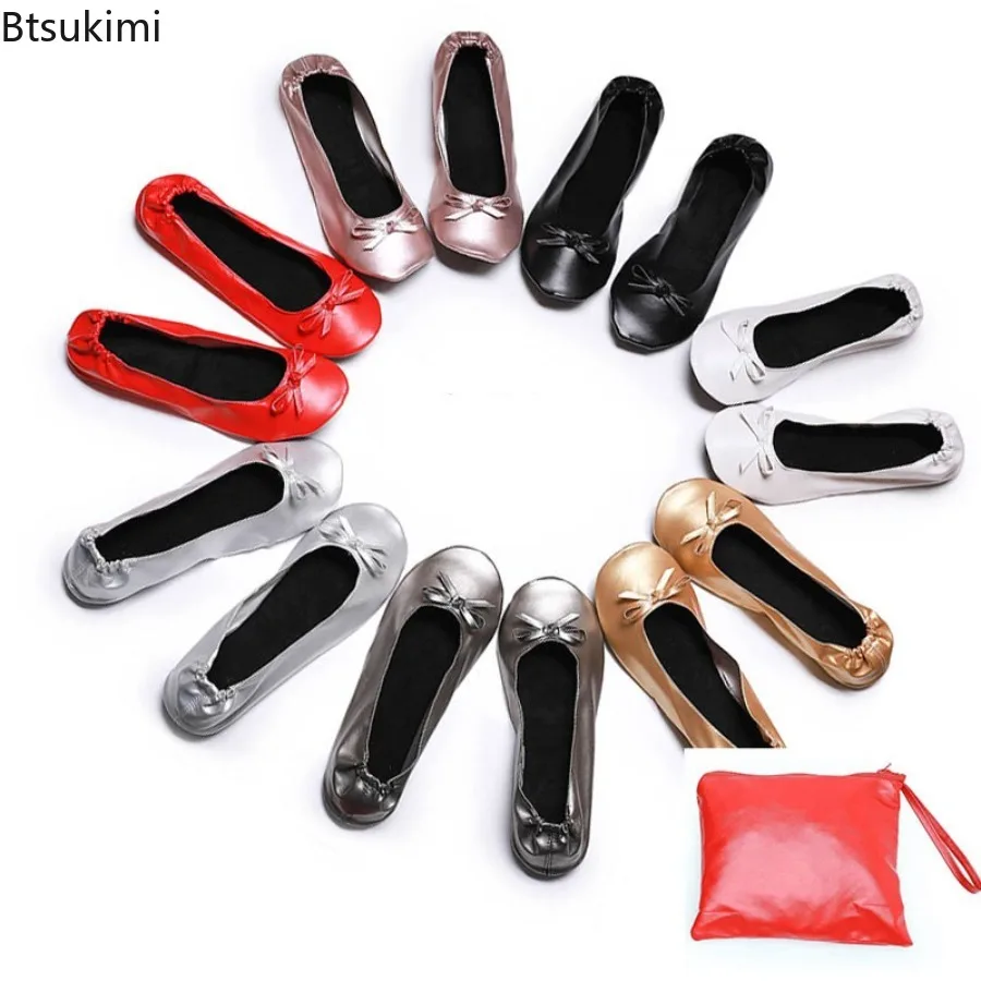 Women's Foldable Portable Ballet Flats Soft Sole Roll Up Slippers Slip on Comfy Ancing Flat Shoes for Travel Wedding with Bag