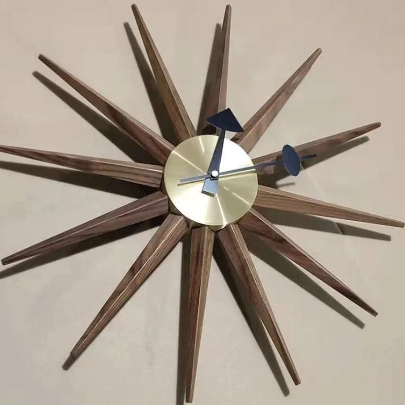 Luxury Living Room Wall Clock Creative Simple Large Size Sun-shaped Nordic Wooden Wall Clocks Aesthetic Modern Home Decoration