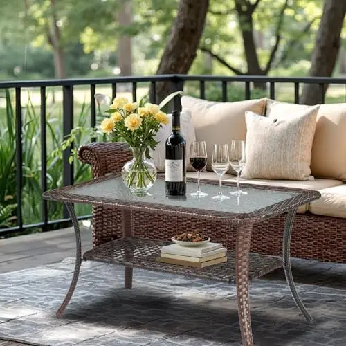 Outdoor Coffee Table with Storage Wicker Patio Coffee Table, Tempered Glass Top Coffee Table for Patio Outside Balcony