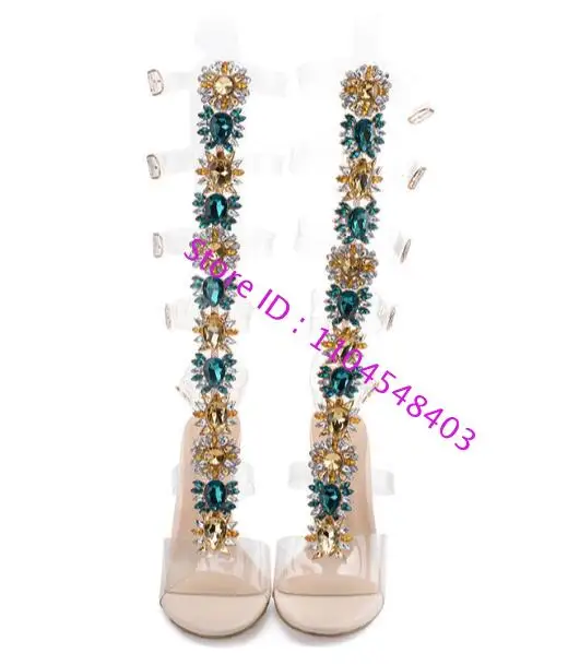 

Luxurious Lady Diamonds High Heel Sandal Boots Flower Rhinestones High Heel Pvc Summer Sandal Boots Belts Buckles Crystal Sandal