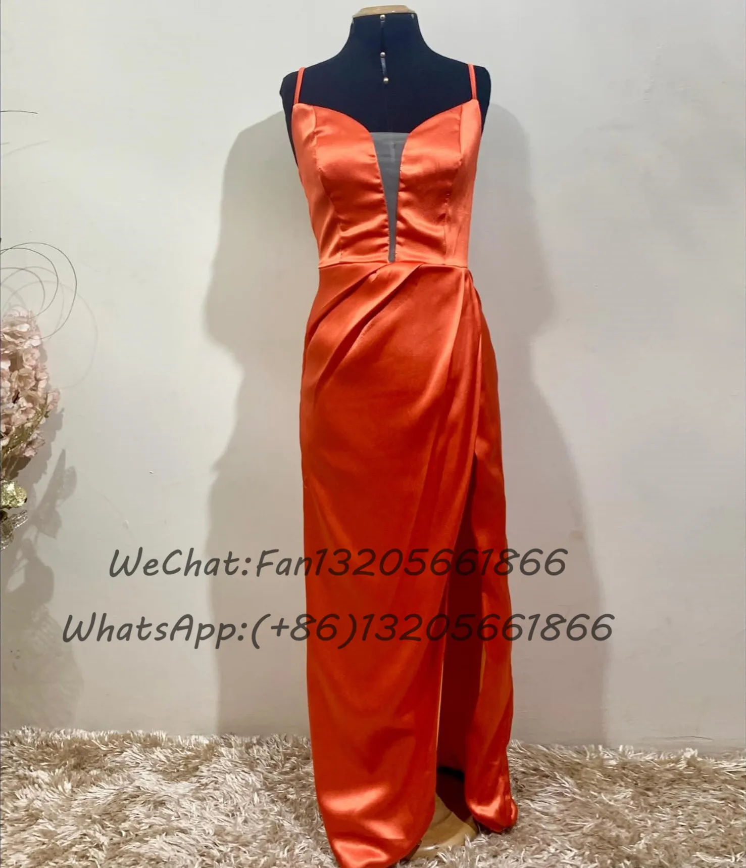 Sexy High Slit Bridesmaid Dresses Orange Long Mermaid Sheer V-neck Women Wedding Guest Dress Spaghetti Straps Prom Party Gown