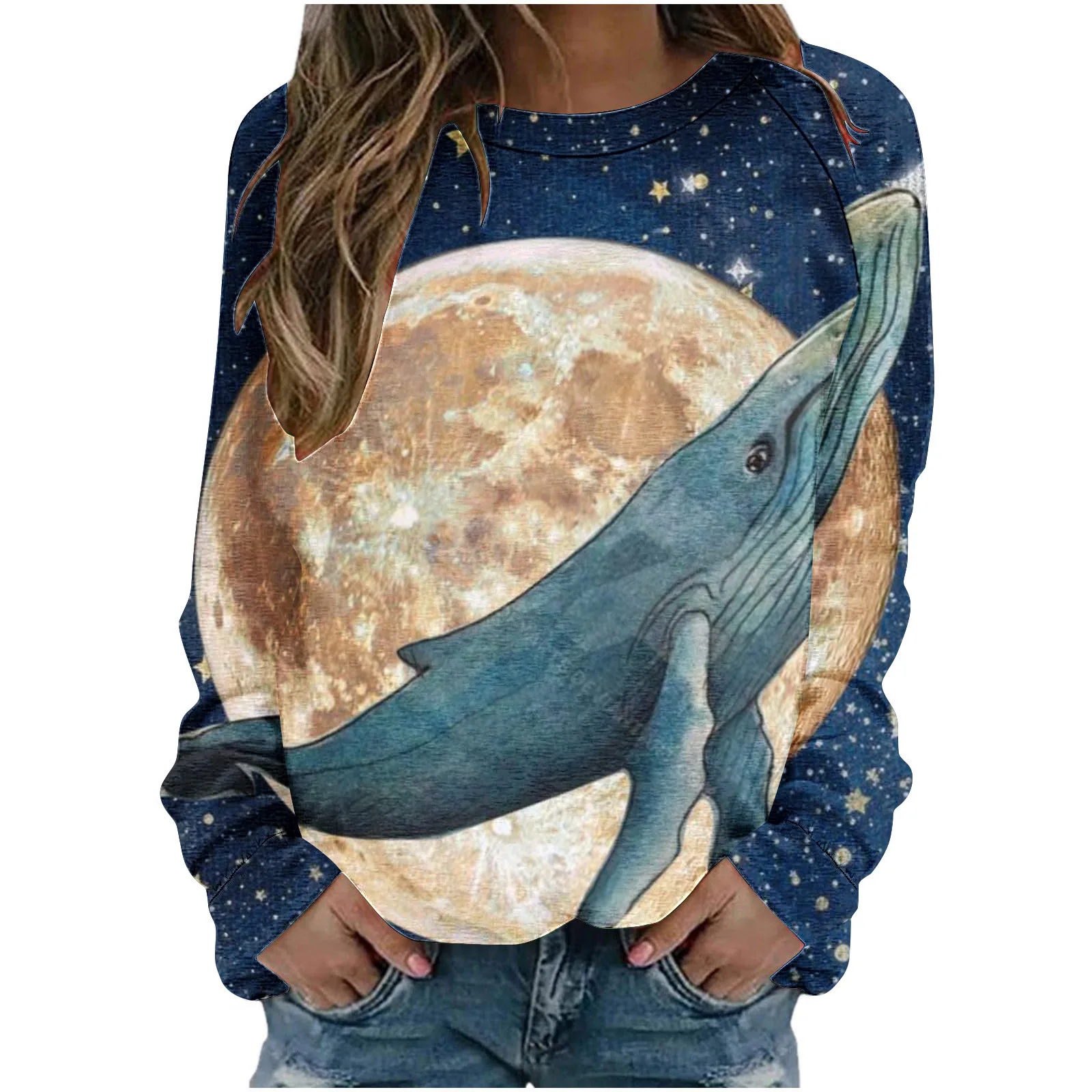 

Autumn Round Neck Blue Women's T-Shirt Factory Direct Sales Loose Fitting Pullover Long Sleeved Whale 3d Printed SweatshirtWA2