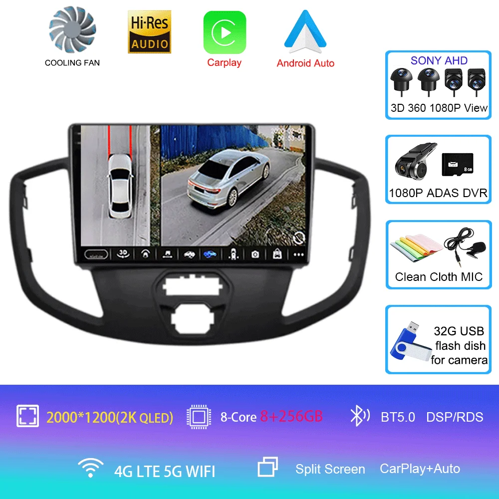 Android 16 Draadloze Carplay & Auto WIFI + 4G voor Ford Transit 2015 2016 2017 2018 autoradio multimediaspeler stereo 2D