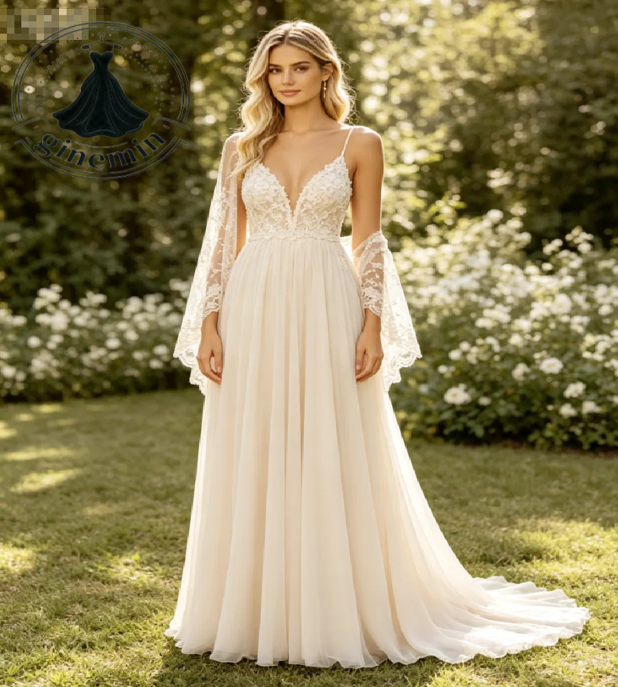 Romantic Garden Maternity Wedding Dress Spaghetti Straps Deep V Neck Detachable Lace Wrap Rustic Boho Bride Dresses Customized