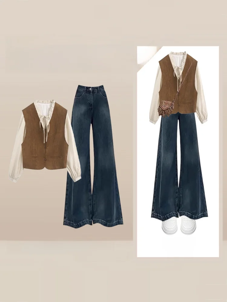 

Осенний хит: женский комплект из шифонового жилета нового дизайна и джинсов с широкими штанинами, прямого кроя, с высокой талией и длинными рукавами.