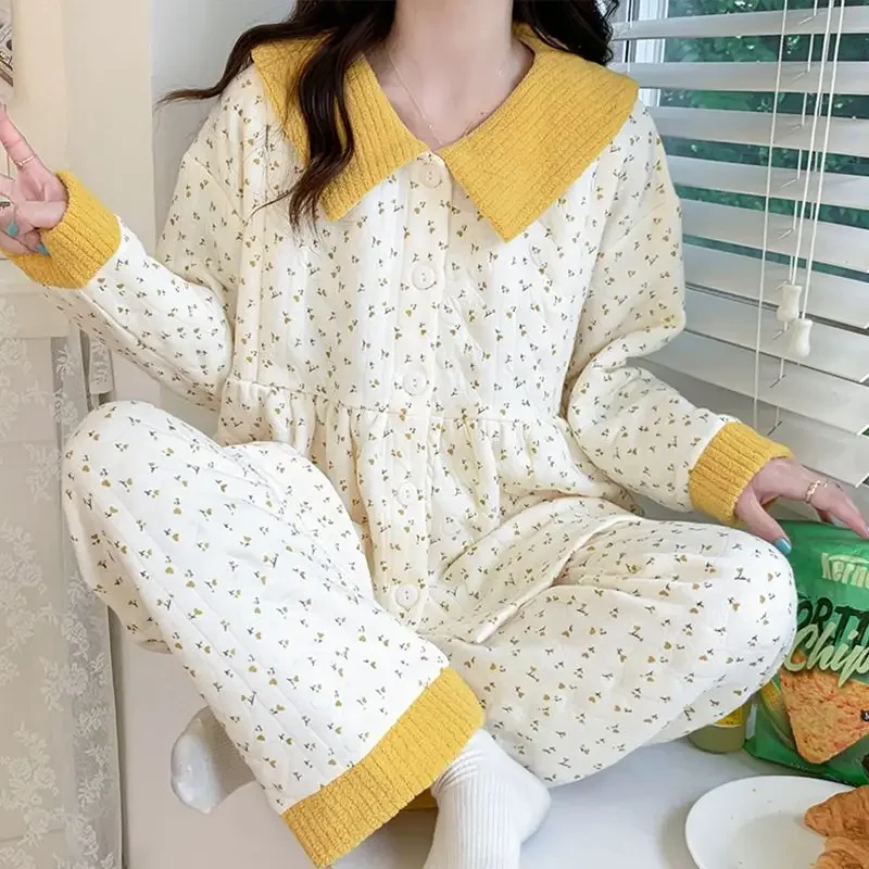 2023 Autumn Winter Air Cotton Nursing Clothes Sleepwear Thickened Warm Pajamas Postpartum Breastfeeding Maternity Loungewear Set