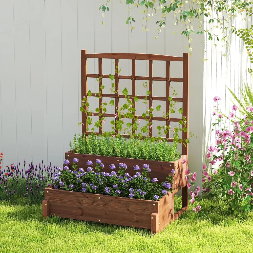 

Raised Garden Bed with Legs and Trellis, 2-Tier Standing Planter Box with Drain Holes, Outdoor Elevated Garden, Customized