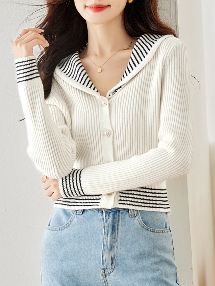 Spring Fall Fashion Navy Collar Knitted Cardigan Women Casual Versatile Long Sleeve Sweater Retro Loose Short Top Coat