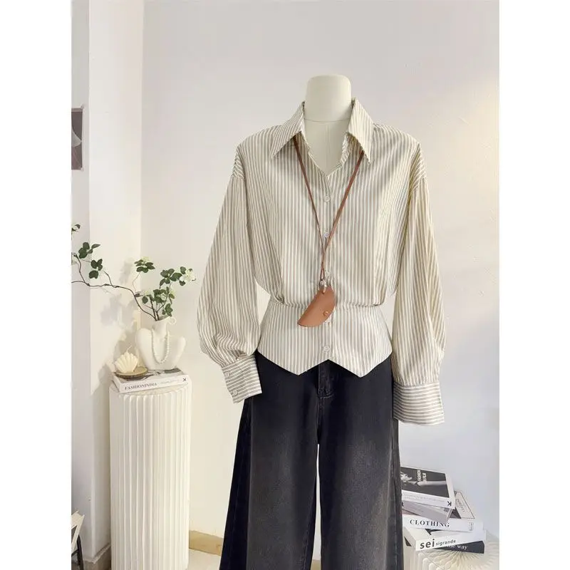 

Women's ort Waist-Cinching Striped irt Long Sve Commute Sle Korean Faion Breathable Polyester Fiber A-Line Top