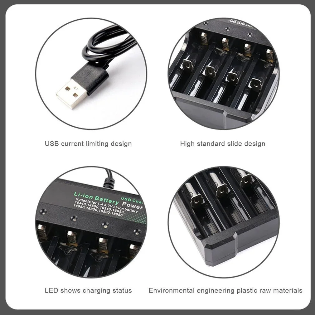 4 فتحة USB شاحن بطارية ل 18650 10440 14500 16340 18500 18350 خلايا ليثيوم أيون 5 فولت المدخلات شحن سريع