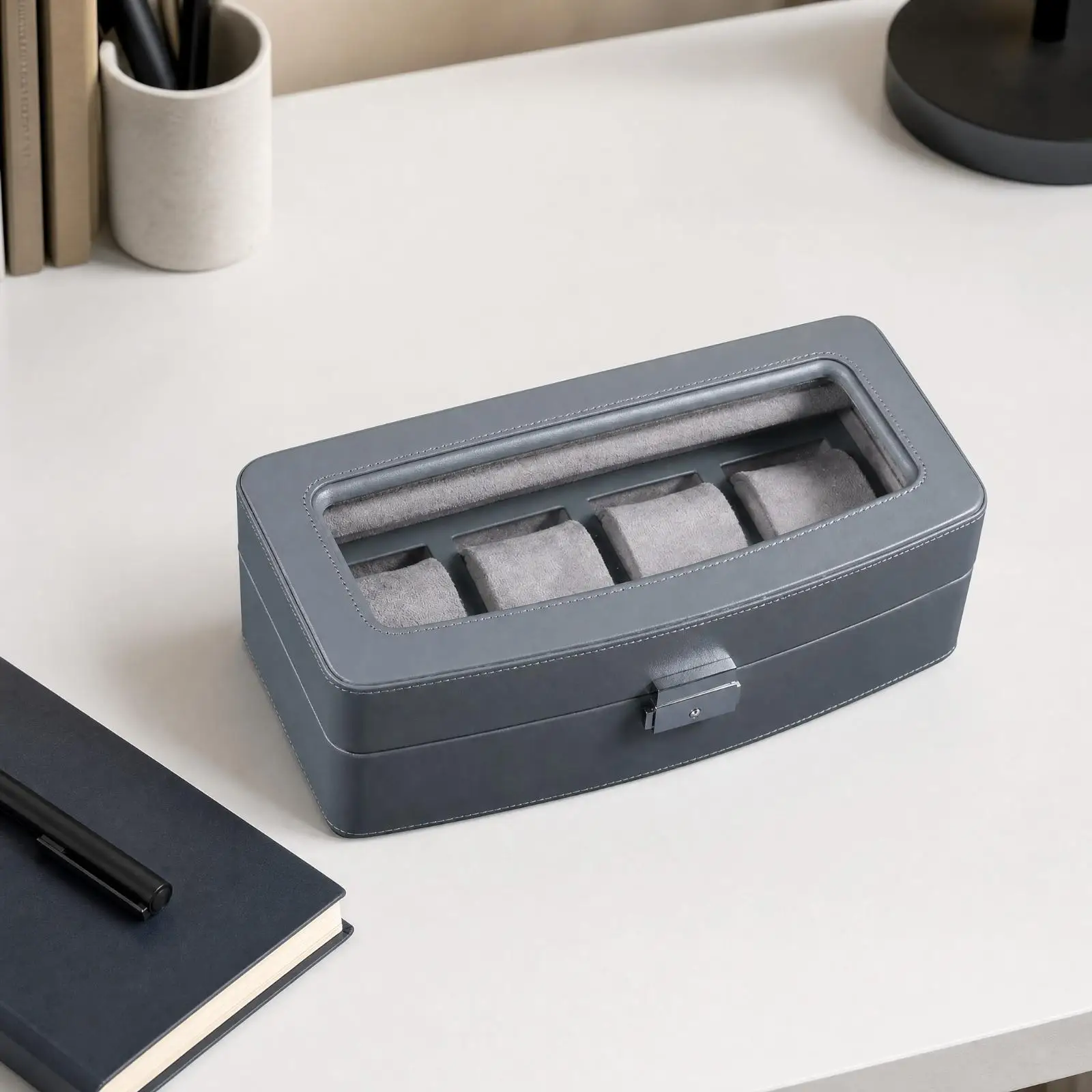 Watch Display Box with Lock Secure Locking Watch Box with Glass Lid Cushioned Soft Lined for Bedroom Dresser, Closet
