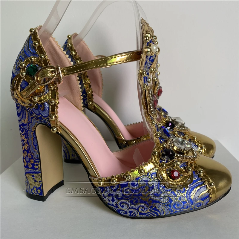 Diamond Rhinestone T-Strap Women Pumps Side Fretwork Luxury Embroidery High Heel Rivet Crystal Decor Wedding Shoes For Girls