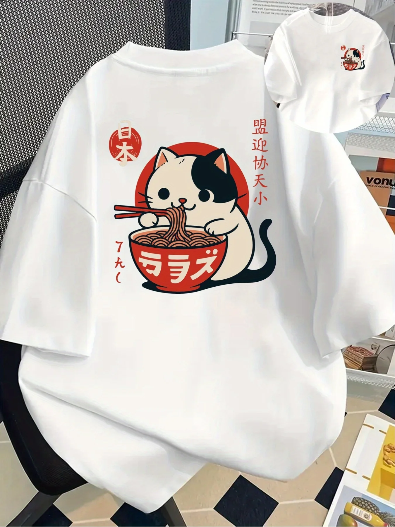 Japanische Katzen-Nudel-Prints Baumwoll-T-Shirts Sommer Damen O-Ausschnitt Oversize T-Shirt Basic Kurzarm-Tops Lässige Damenkleidung