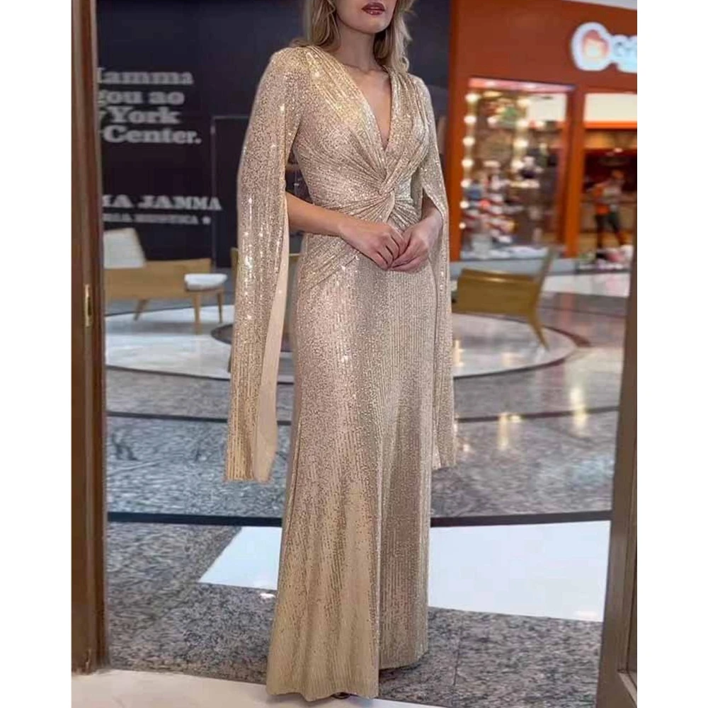 

Sexy Women Allover Sequins Extra-Long Split Sleeve Maxi Bodycon Party Dress Femme V Neck Elegant Long Dresses Evening Club Wear