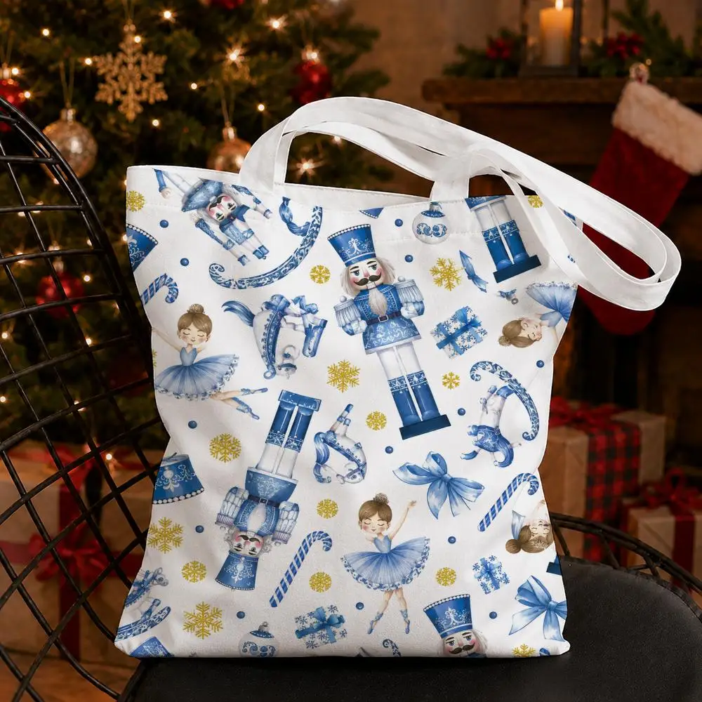 Nutcracker Christmas Snowflake Storage Bags Canvas Tote Bag Double-Sided Print Durable Shoulder Handbag for Festival Party Gift