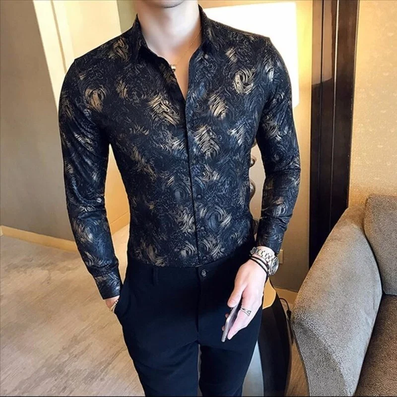 Metallic Gold Shirt Men 2017 Autumn Printed Gold White Shirt Slim Fit Men Dress Shirt Party Wedding Club Shirt Camisa Masculina