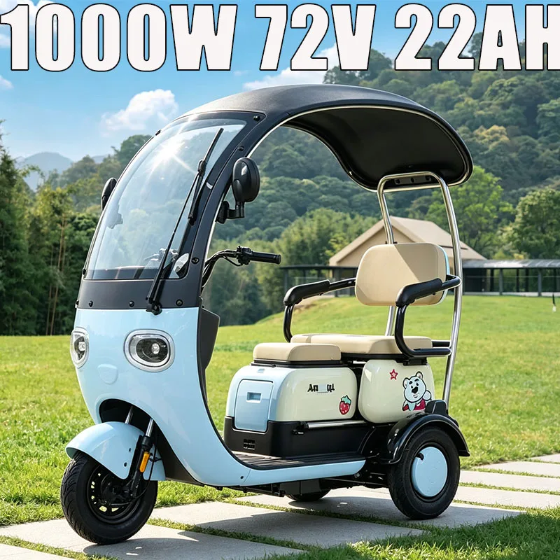 Family 3-Seater Electric Tricycle with Full Windproof Rain Canopy, Adult Commute E-Trike for  Kid Pickup Outdoor Leisure Travel