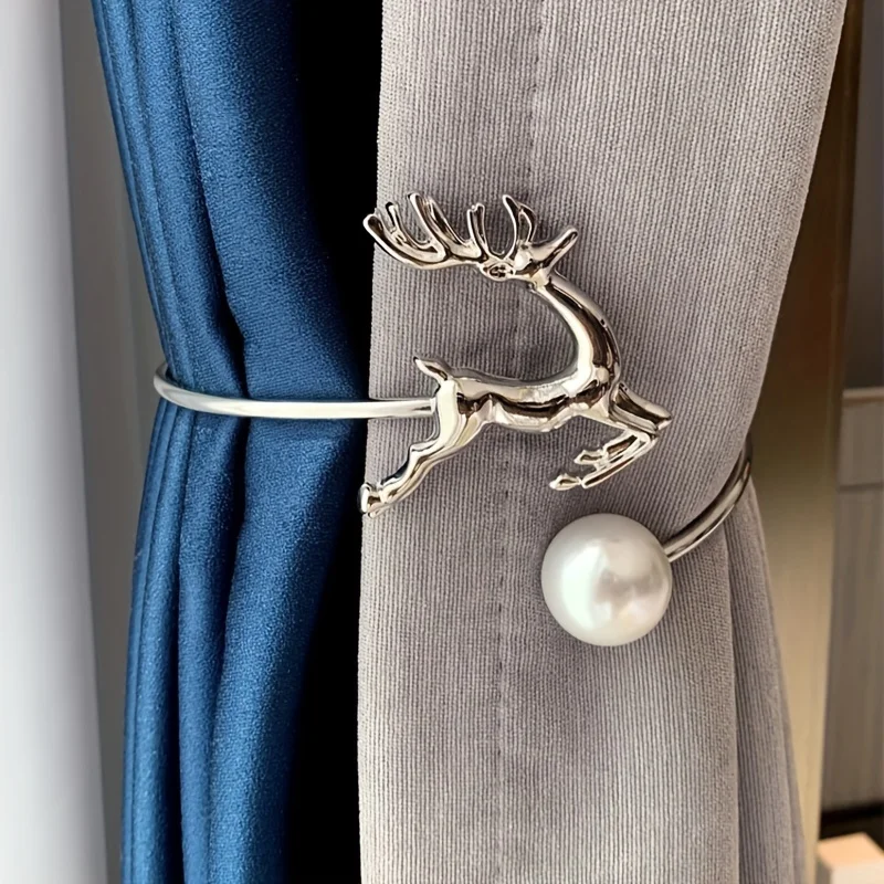Golden Curtain Tie with Deer Head -Elegant Window Cord Holder,Metal Curtain Fastener for Living Room,Bedroom,Pearl Embellishment