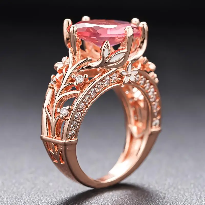 Huitan Blatt-Ring für Damen, eingelegt mit funkelndem roten Zirkonia, modisches, ästhetisches Hochzeits- und Verlobungs-Accessoire, eleganter Schmuck