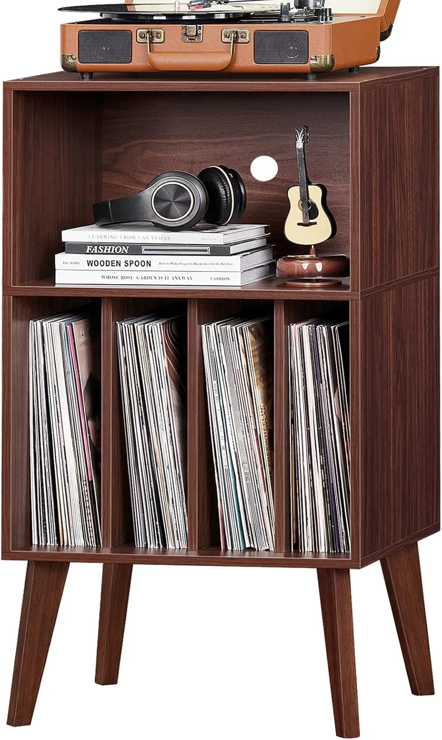 Walnut Turntable Stand Holds 160 Albums, Mid-Century Vinyl Storage Cabinet with Solid Wood Legs for Bedroom Living Room