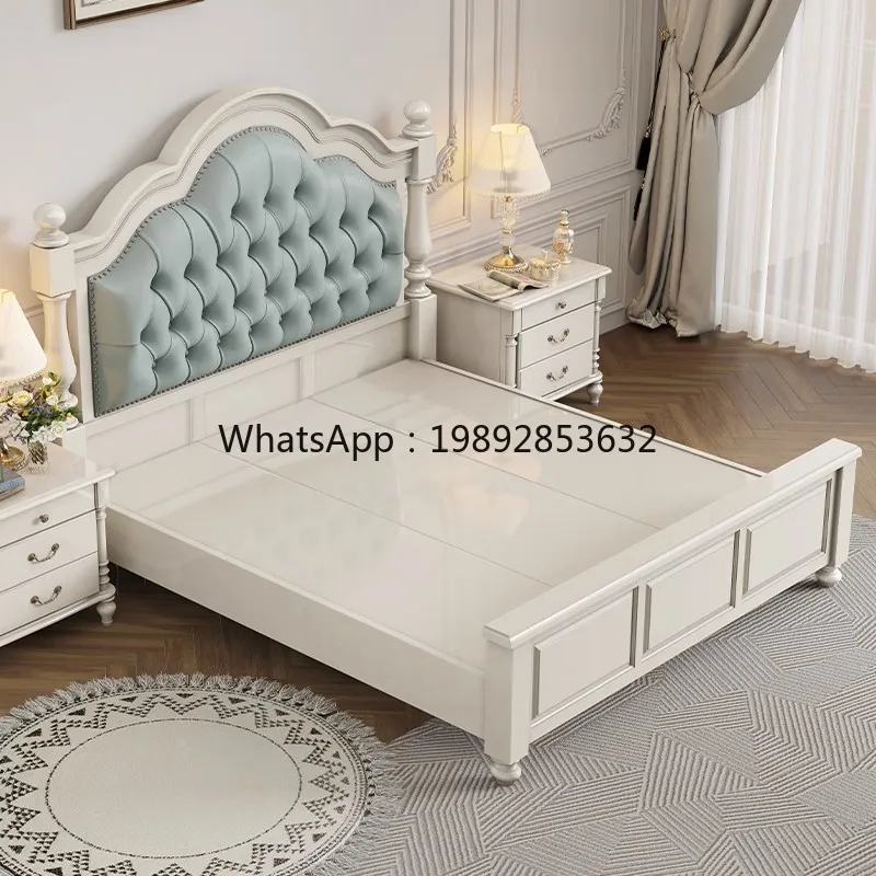YFY American Style Solid Wood Bed 1.5m 1.8m Solid Wood Double Bed Top Layer Cowhide Cream White Soft Upholstery Full