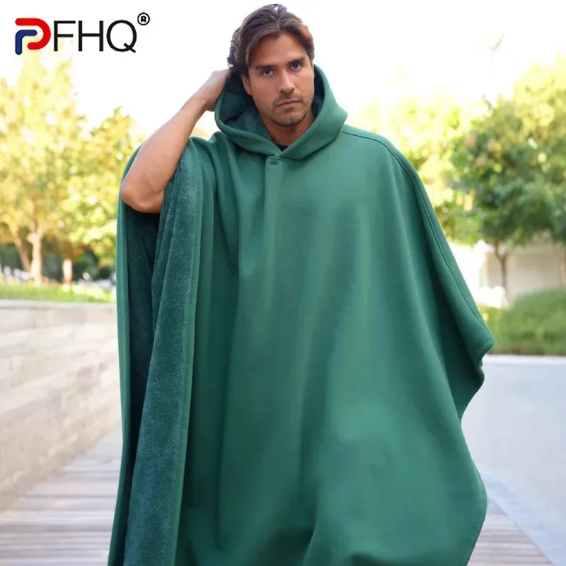 PFHQ 2025 Trendy Cloak Robe Hoodie Men Sweatshirt Casual Loose Solid Color With Hat Male Tops New Fashion 21Z7561