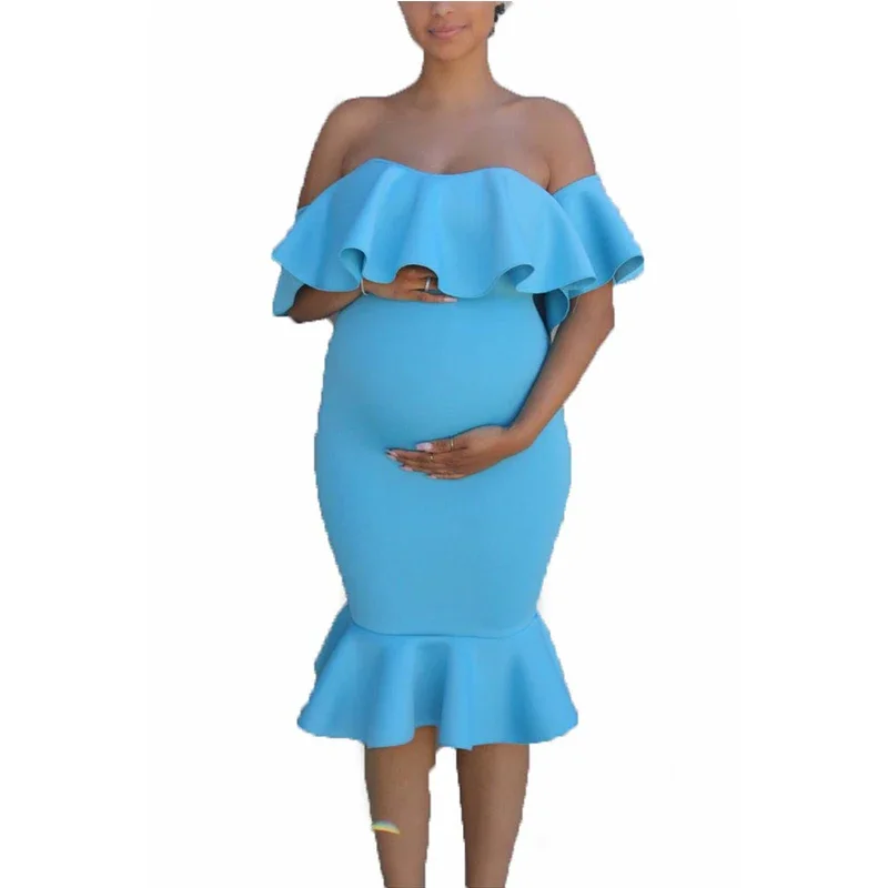 New Maternity Clothes Pregnancy Sexy Sweet Dresses Evening Solid Ruffles Off The Shoulder Dress Mother Photography Clothing