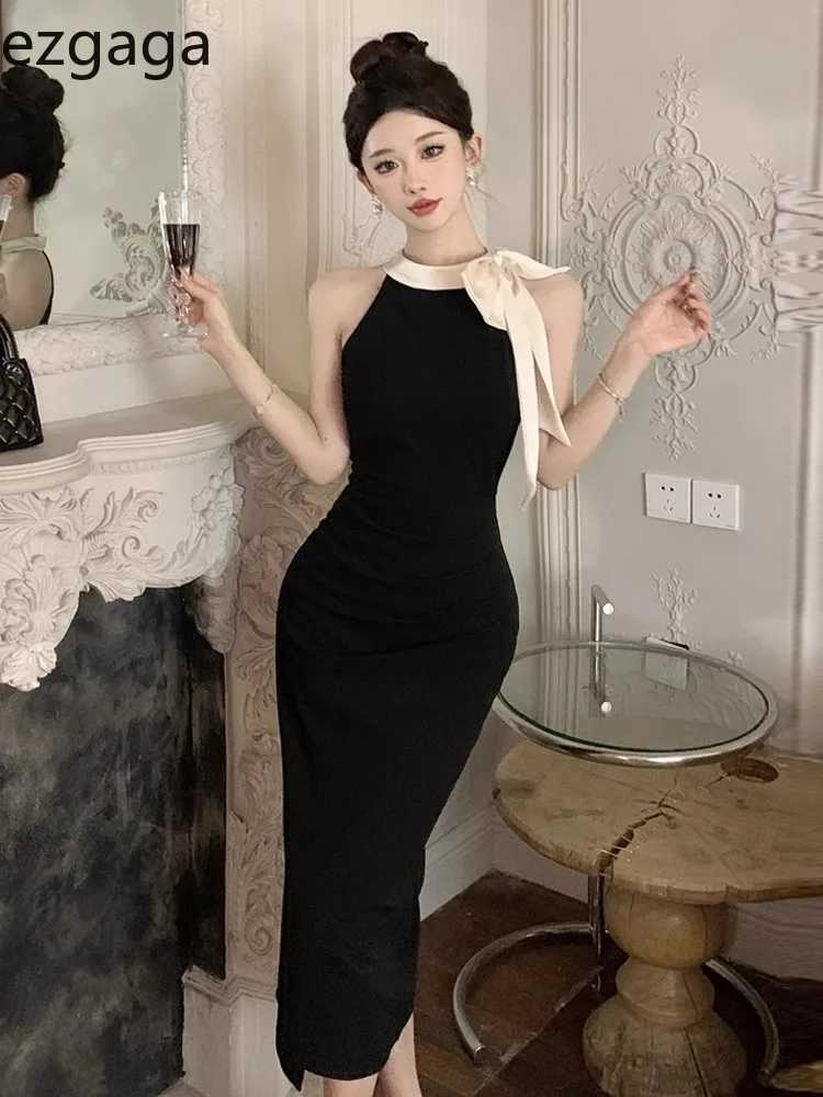 

Ezgaga Sexy Dresses Women Sleeveless Bowknot Elegant Slim Patchwork Split Vintage French Style Party Dress Female Cocktail