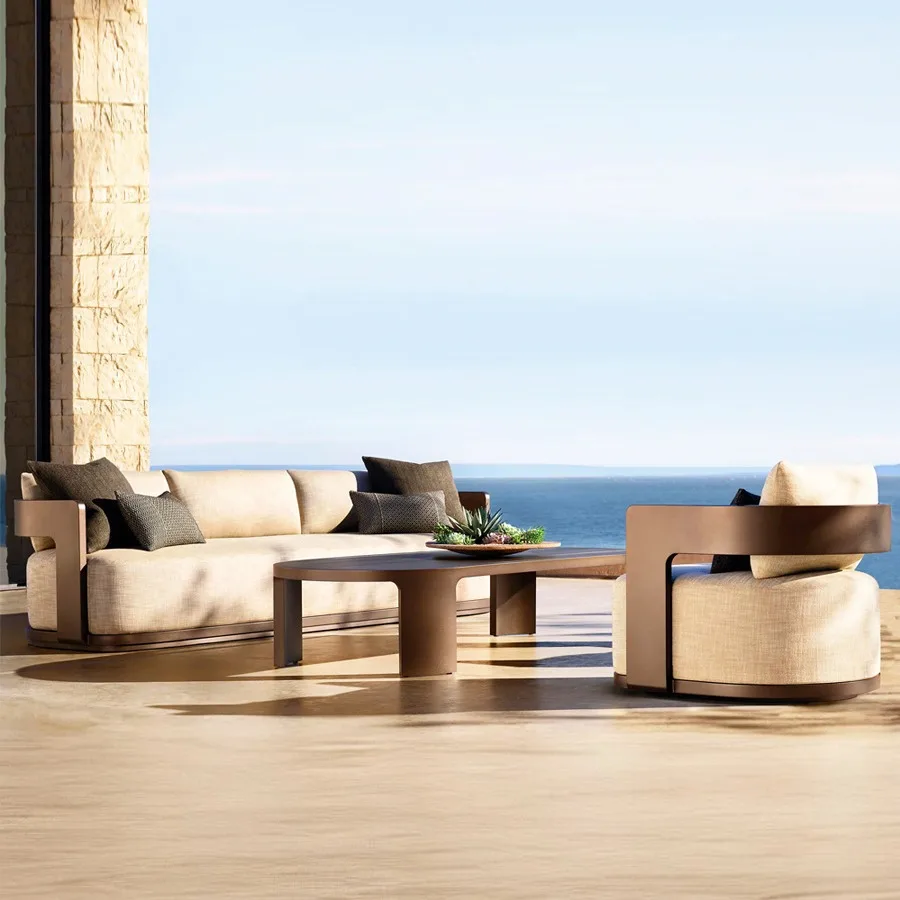 

！@Outdoor Nordic Design Aluminum Alloy Teak Wood Sofa Rainproof Sunproof for Courtyard Hotel Villa Homestay Use Outdoor Furnitur