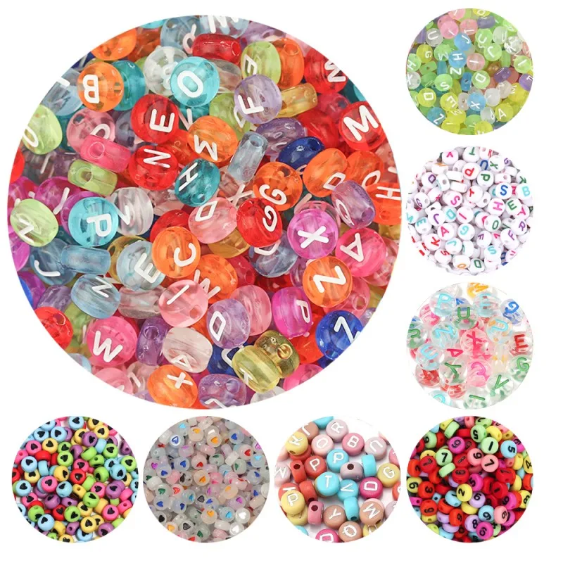 100pcs 7mm Multicolor Acrylic Alphabet Beads Heart Numbers Letter Loose Beads For Jewelry Making DIY Bracelets Gift Wholesale