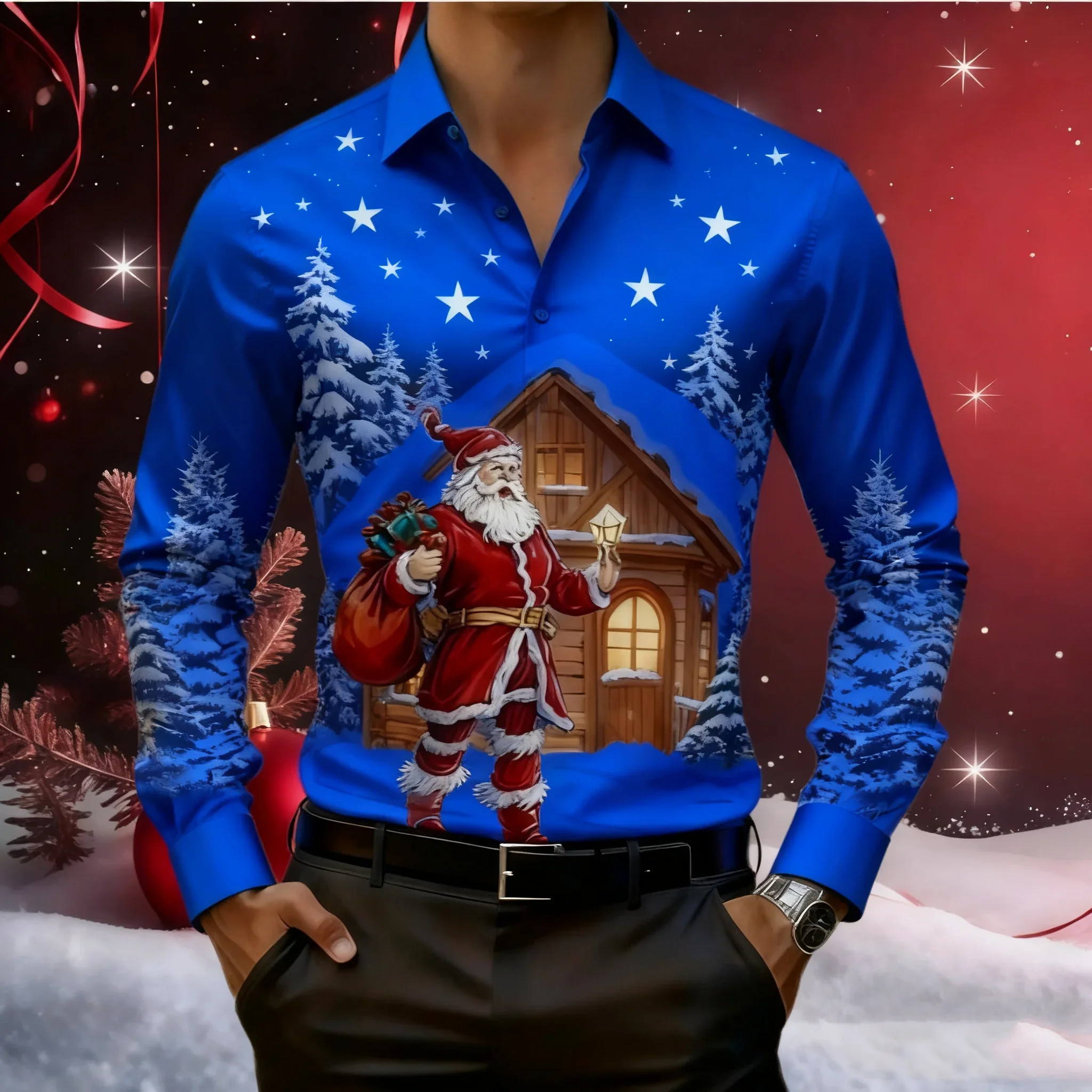 Men's hot selling button Christmas shirt outdoor holiday long sleeved 3D printed casual comfortable long sleeved red 2026 new pr