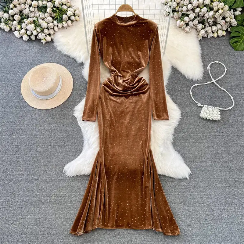 

Autumn And Winter Dress Celebrity Temperament Long Sleeve Stand Neck Slim A-Line Fish Tail Diamond Velvet Dress For Women Z3904