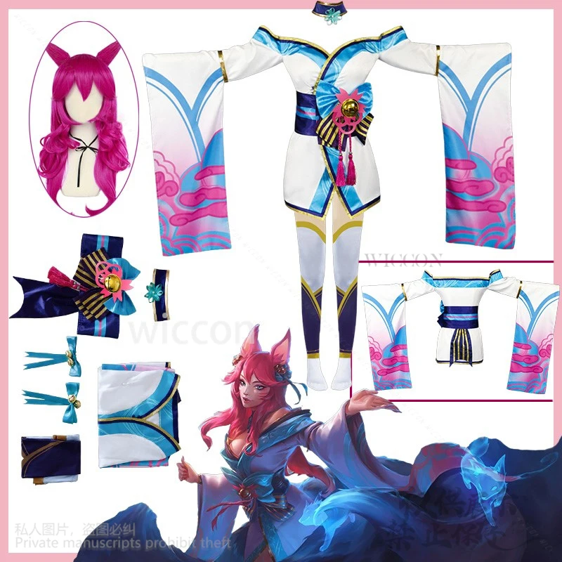 Anime Cosplay Ahri Kostüm Spiel League Of Legends LOL Spirit Blossom Lolita Kleid Perücken Earwear Cos Für Mädchen Frau Angepasst