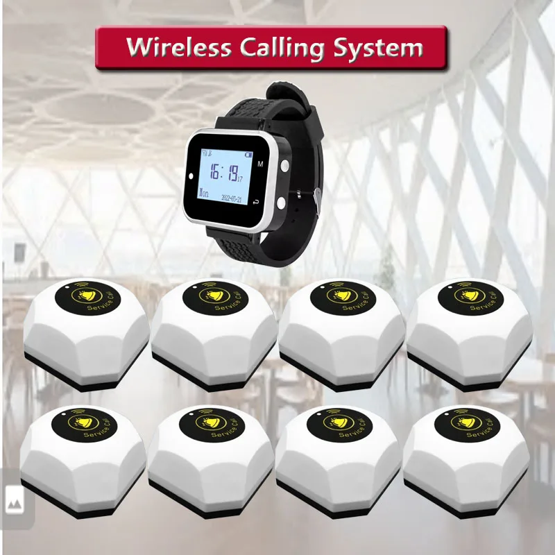 QWICALL 8 High Quality Call Button 1 Waiter  Watch Pager Receiver Restaurant Wireless Guest Calling System 433mhz Bell Pager