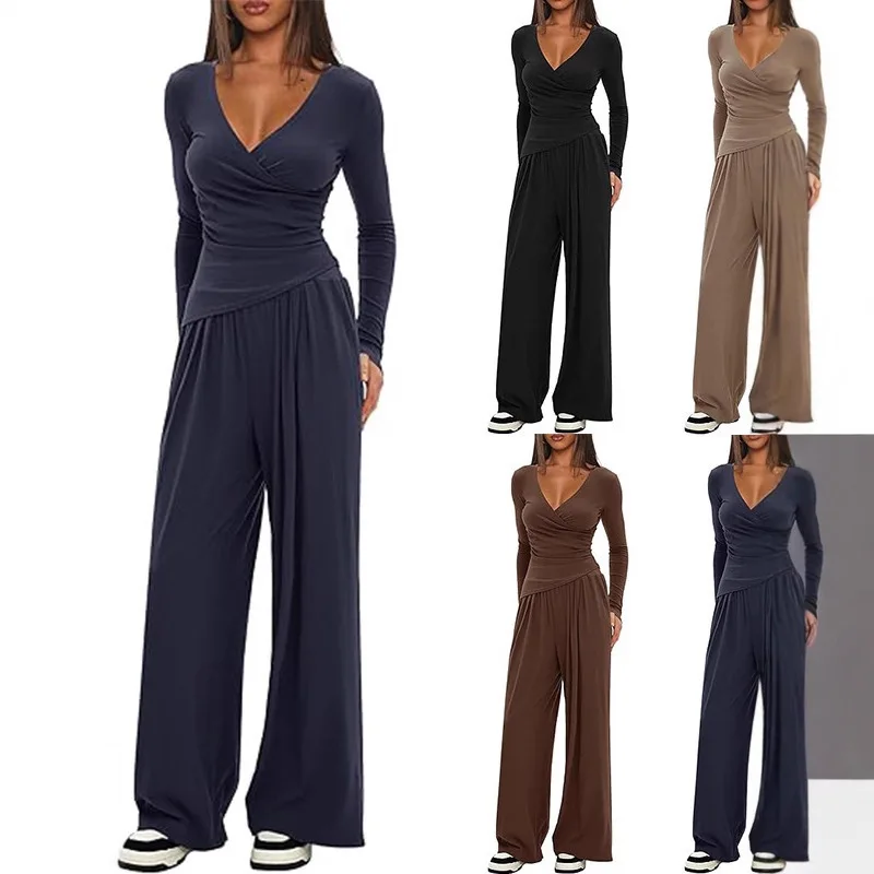 レディースセクシーVネック スリムトップス＆ルーズパンツ セットアップ カジュアル ツーピースセット 女性用 2025年秋 エレガント 無地 セットアップ